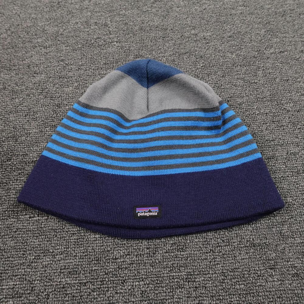 Patagonia Hat Beanie Fitted Mens One Size Blue Striped Knit Wool Lined Winter
